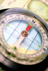 Navigational Compass on Topographical Map, Pointing North