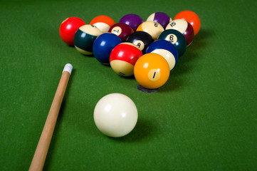 A set of billiards or pool balls on a green felt table