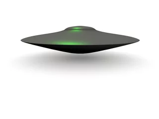 Fotobehang UFO Een geïsoleerde grijze ufo met groene tint op witte achtergrond
