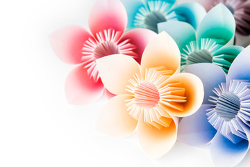 Multi colour origami flowers on a white background