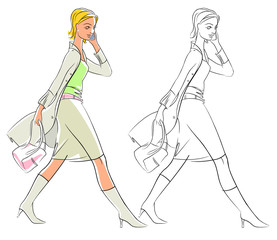 businesswoman hastens and speaks by phone