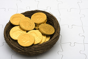 Brown nest with gold coins inside on puzzle, retirement nest egg