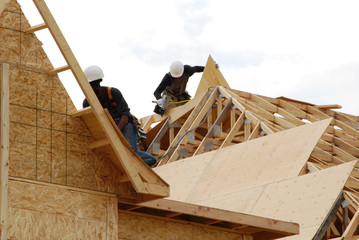 Two workers nailing the roof panels