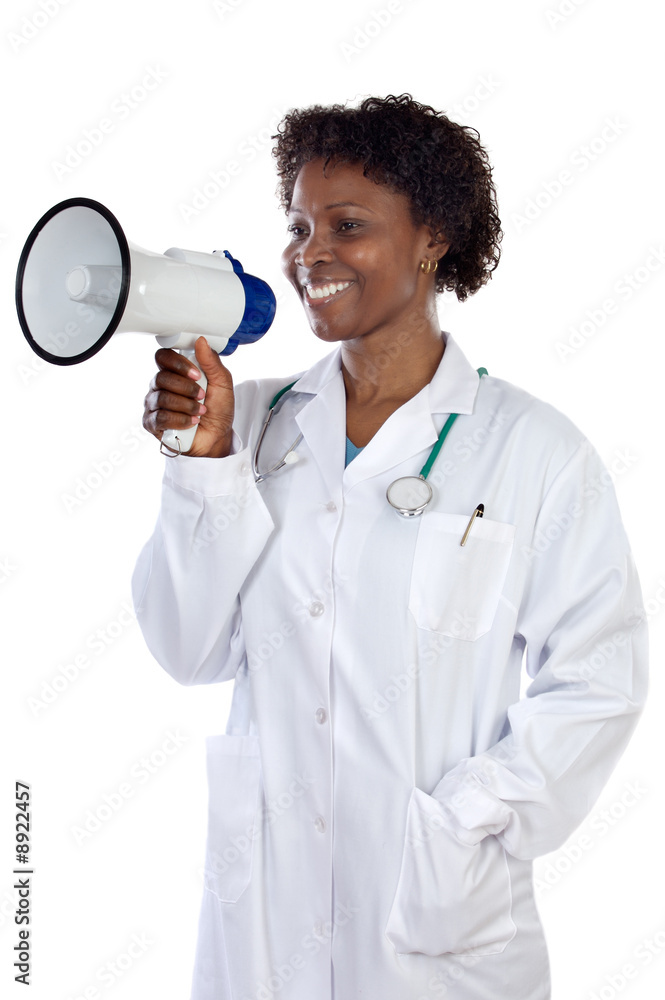 Wall mural african woman doctor with megaphone a over white background