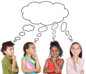 multiethnic group of children thinking a over white background