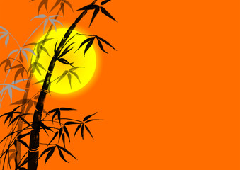 bamboo leaves on a orange background, yellow sun.