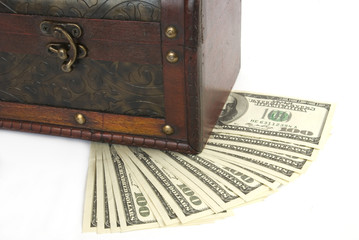 old  box with money inside on white