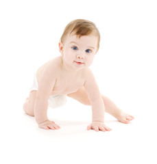 bright picture of crawling baby boy in diaper