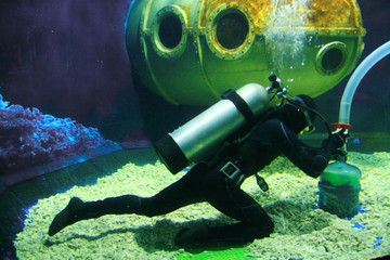 scuba diver cleaning a huge aquarium tank.