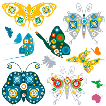 retro elements, flowers and butterflies