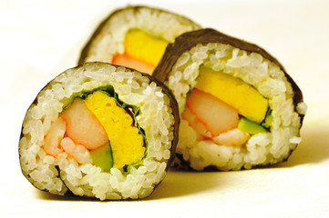 close-up shot of traditional fresh japanese sushi rolls