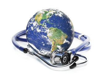 Globe with stethoscope on a white background