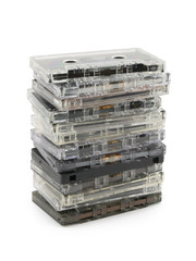 Stack of audio cassettes isolated on white background