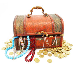 old wooden trunk with money and jewellery isolated