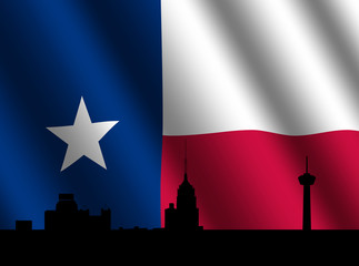 San Antonio skyline with rippled Texan flag illustration