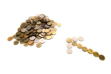 Coins and coins arrow on white background