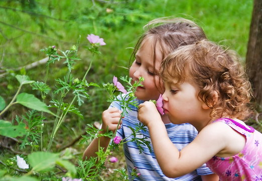 Little girls smelling flowers