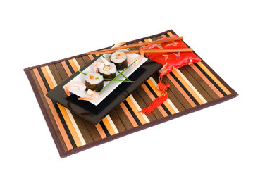 Plate with traditional Japanese sushi, sashimi rolls.
