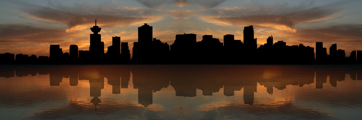 Obraz premium Panoramę Vancouver o zachodzie słońca odzwierciedlenie w ilustracji wody