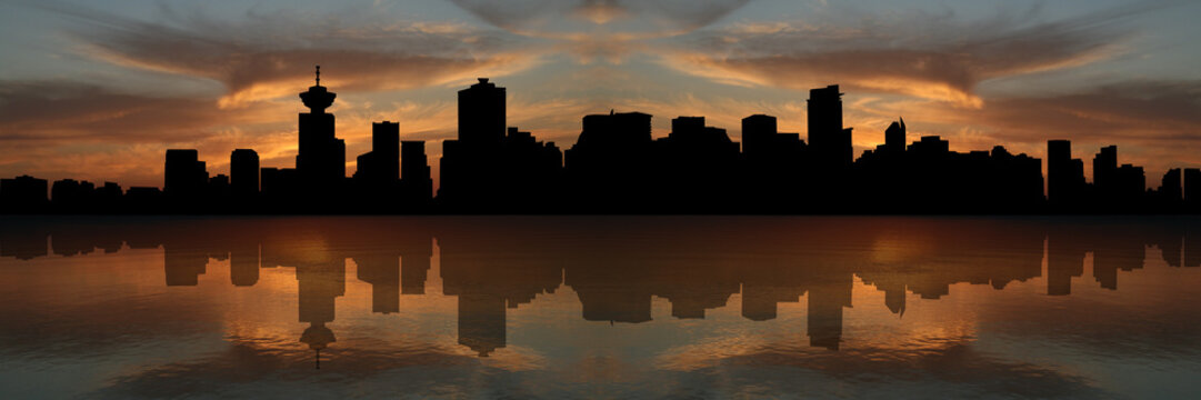 Vancouver skyline at sunset reflected in water illustration