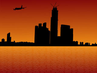 Fototapeta na wymiar plane arriving in Hong Kong at sunset illustration