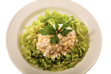 appetizer - green salad with cheese on white plate