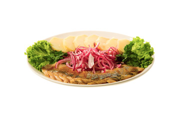 appetizer - herring with onion, potato and lettuce