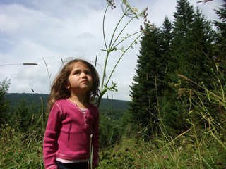 enfant se mesure à une fleur