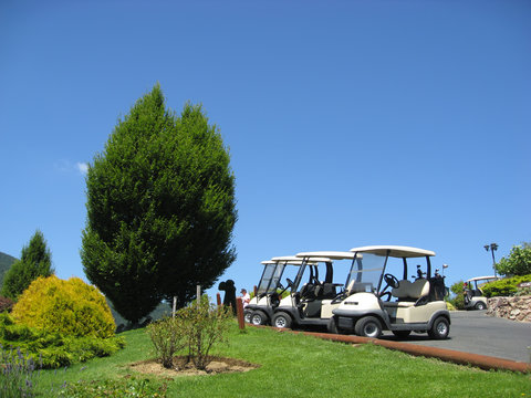 empty golf carts at a golf club below beautiful blue sky