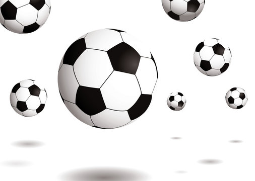 Collection of footballs bouncing on a plain white background