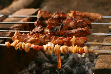 Appetizing shish kebab on metal skewers
