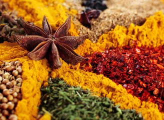 Foto auf Acrylglas Kräuter Mix spice background with anise star and curcuma closeup