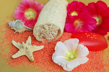 Still life of beauty treatment items with loofah salt and soaps.