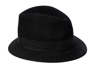 a soft black felt hat isolated on white background