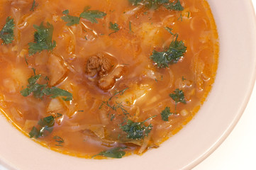 Cabbage soup with a meat in pink plate
