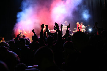 Fototapeta na wymiar sylwetki tłumu na koncercie z podniesionymi rękami