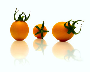 perfect yellow tomatoes on the white. Full isolation