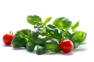 cherry tomato with basil herb on white background, shallow DOF
