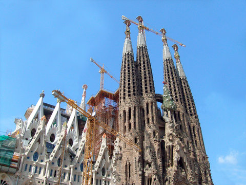 Exterior view of Sagrada Familia in Barcelona, Spain.