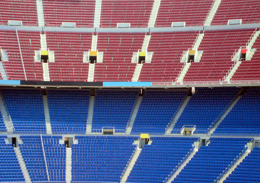 Rows of seating in stadium, Nou Camp, Barcelona, Spain.