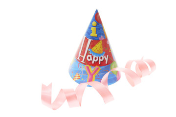 Party Hat with Curling Ribbon on White Background