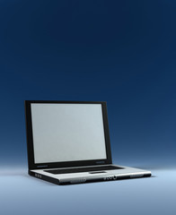 Laptop with blank screen against gradient blue