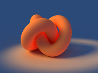 3D rendering of tied torus knot in glowing neon orange