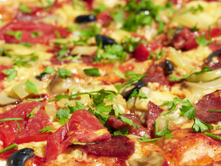 Close-up of freshly baked salami pizza