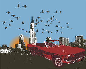 Car and cityscape skyline background