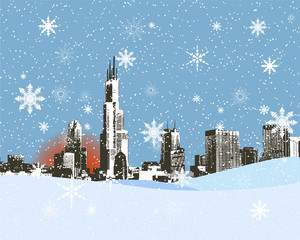 City skyline in the snowy winter, background