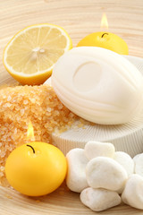 Obraz na płótnie Canvas bath salt and soap - lemon beauty treatment