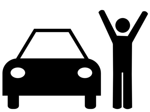 man with arms up standing beside car