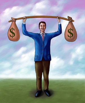 Businessman lifting two money bags. Mixed media illustration.