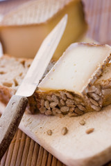 A french tasty slice of cheese on a piece of bread with cereals